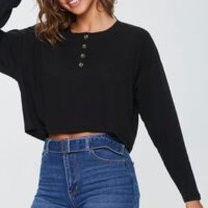 Forever 21 Black Cropped Henley Top